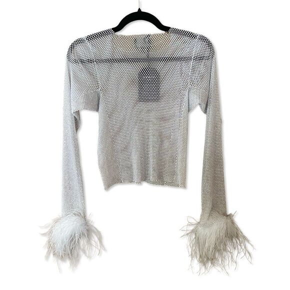 Santa Brands Feather trim Crystal Top Mesh white sheer party resort Revolve NWT - Picture 12 of 14